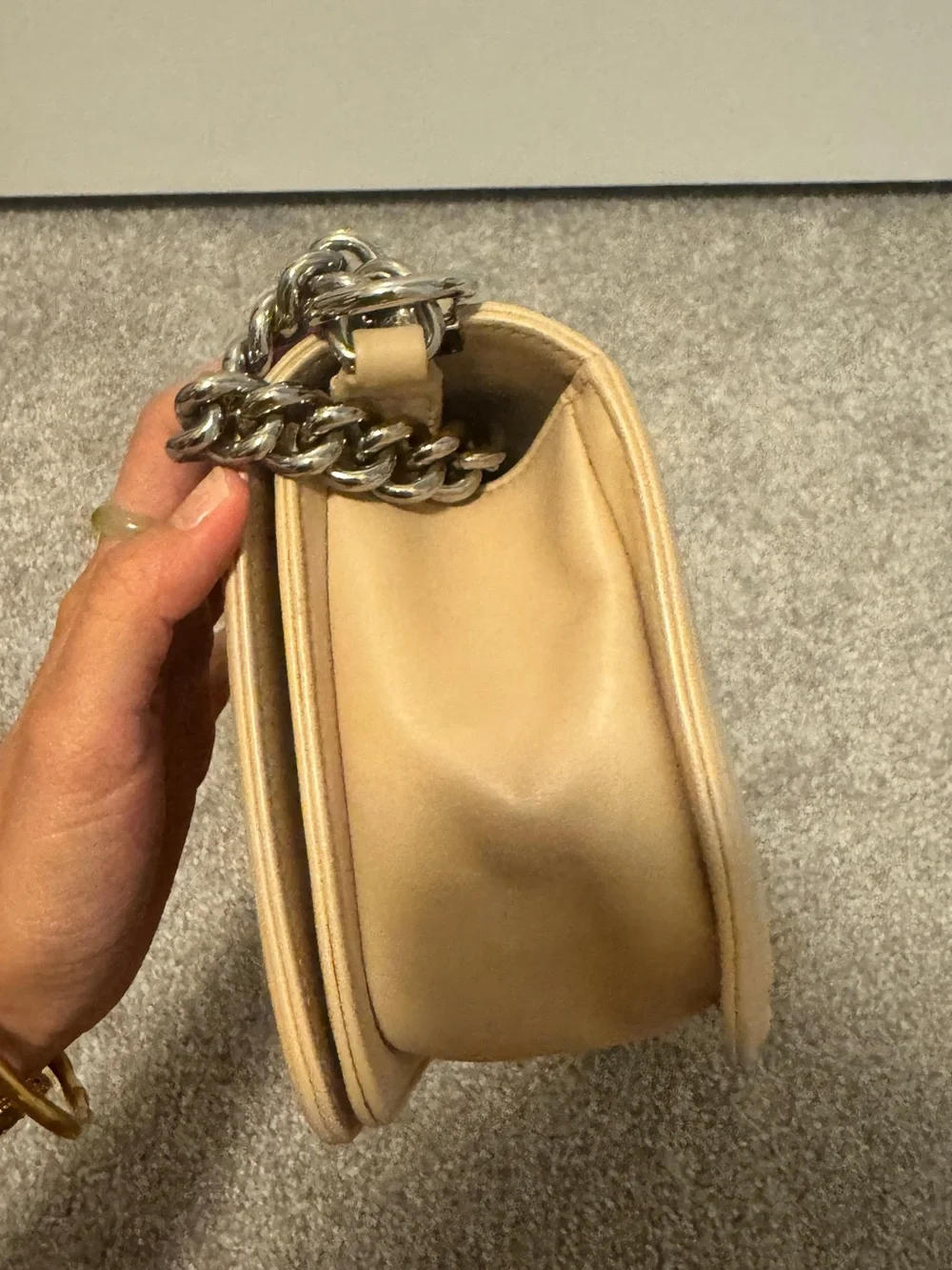 CHANEL Chevron Leather Boy Bag in Beige with Silver-Tone Hardware